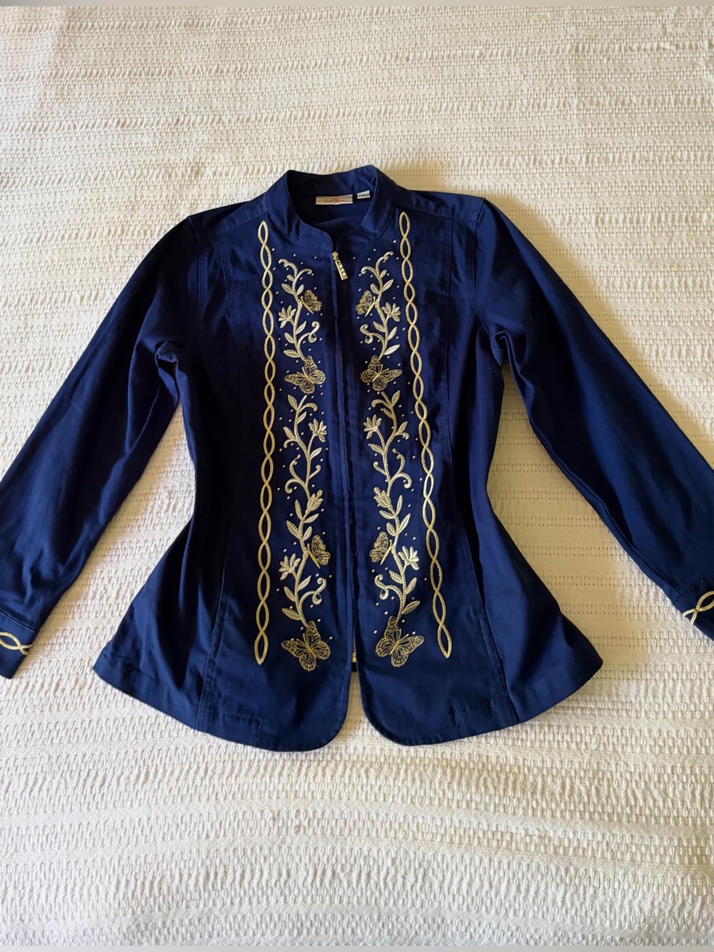 Quacker Factory Zip-Up Jacket Gold Metallic Butterfly Embroidery Medium
